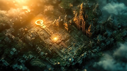 Ancient cityscape with glowing key symbolizing discovery and innovation amidst mysterious ruins and ethereal lighting effects.