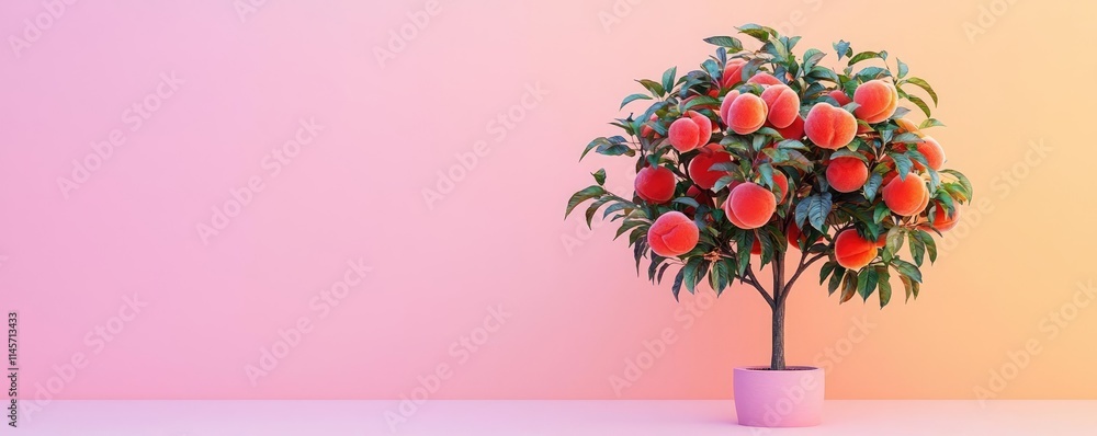Poster peach tree abstract background idea. vibrant peach tree in a pink pot against a soft pastel backgrou
