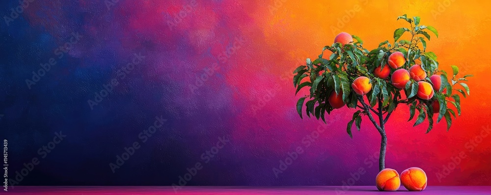 Poster peach tree abstract background idea. a vibrant orange tree against a colorful gradient background.