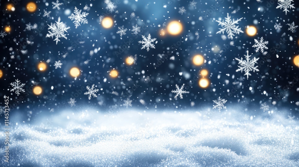 Aufkleber snowflakes falling in a winter night scene with bokeh lights creating a magical snowstorm effect on 
