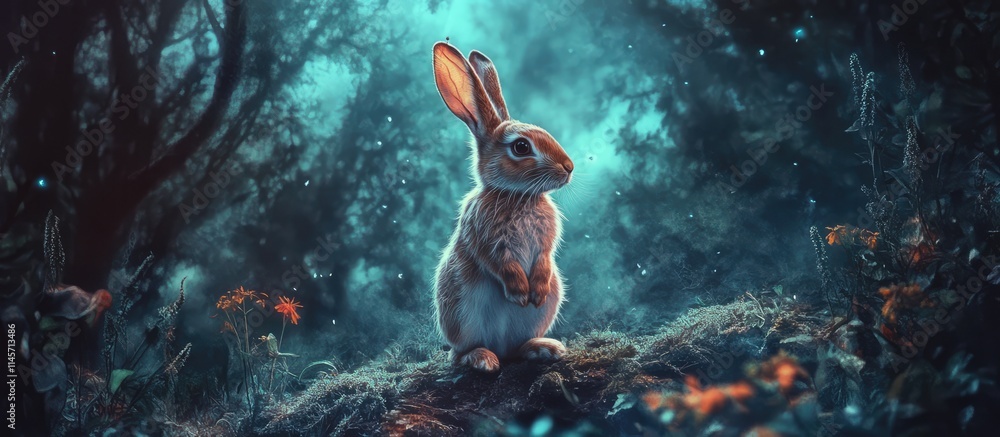 Poster mystical forest scene featuring a rabbit standing in moonlit foliage creating a serene and enchantin