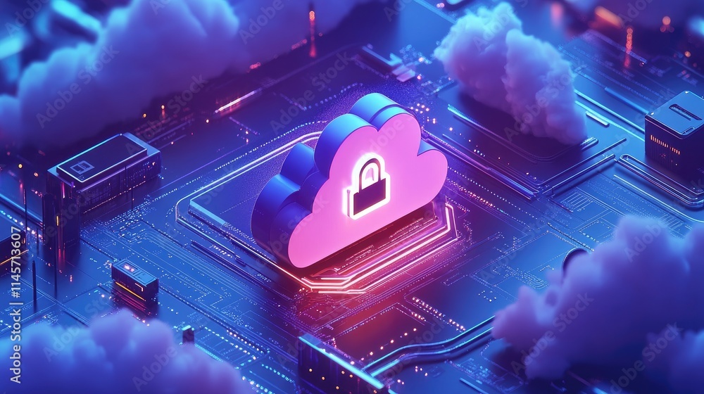 Poster digital cloud security with lock symbol on futuristic circuit board surrounded by clouds and neon li