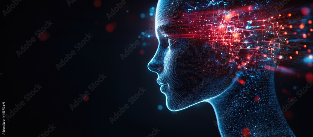 Poster digital twin concept in industrial technology with futuristic human profile and data visualization e