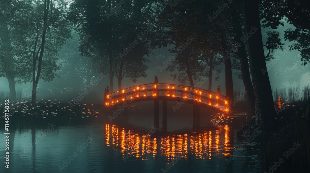 Poster illuminated bridge at night surrounded by misty water and trees creating a serene and magical atmosp