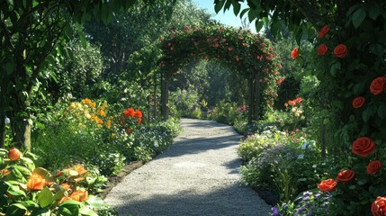 Fototapeta premium Serene Pathway Through Lush Colorful Garden Lined with Roses