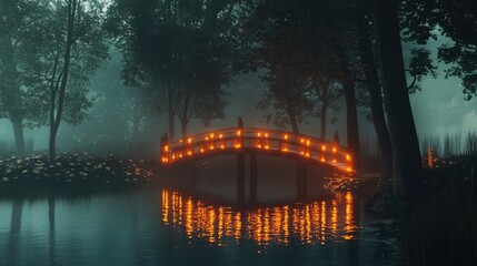 Fototapeta premium Illuminated bridge at night surrounded by misty water and trees creating a serene and magical atmosphere in nature.