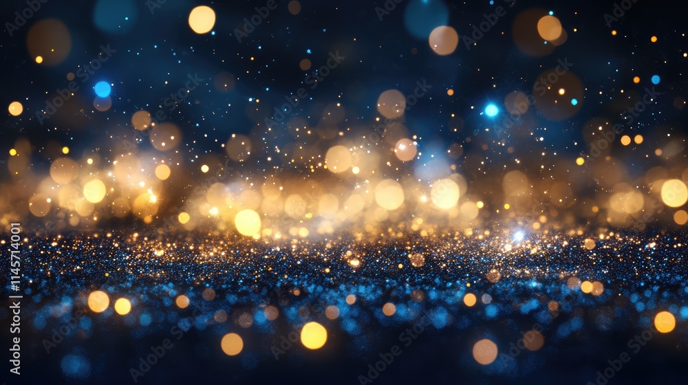 Poster sparkling bokeh abstract background with soft glowing lights in blue and gold for design and decorat