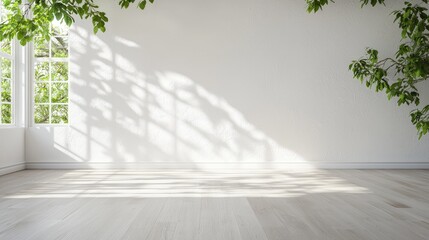 Fototapeta premium Sunlight streams through window in empty room with white walls and light wood floor.