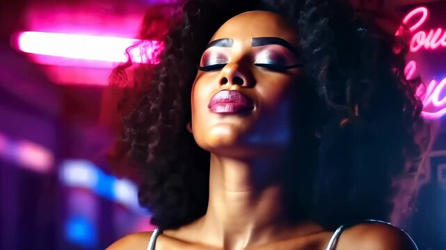 A stylish young woman with curly hair and vibrant makeup dances with closed eyes, enjoying the rhythm of the music.
