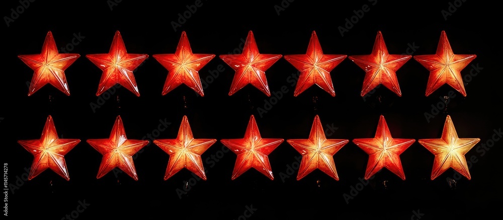 Poster red five pointed star lamps illuminated in a symmetrical arrangement against a sleek black backgroun