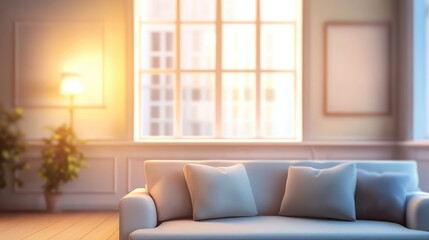 Fototapeta premium Cozy blurred living room interior featuring a sofa and natural light from large windows for aesthetic background use