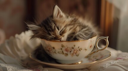 A sleepy kitten curled up inside a teacup, gently dozing.