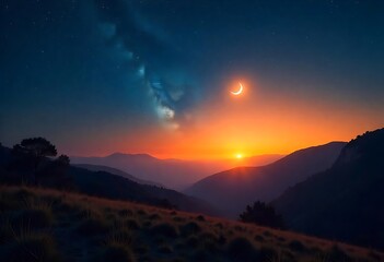 Fototapeta premium Mountain Landscape with Crescent Moon at Sunset