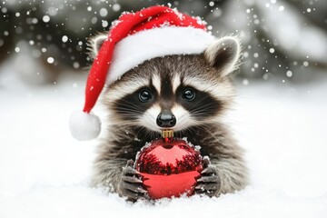 Festive baby raccoon in santa hat holding shiny red ornament winter wonderland animal portrait outdoor close-up holiday spirit