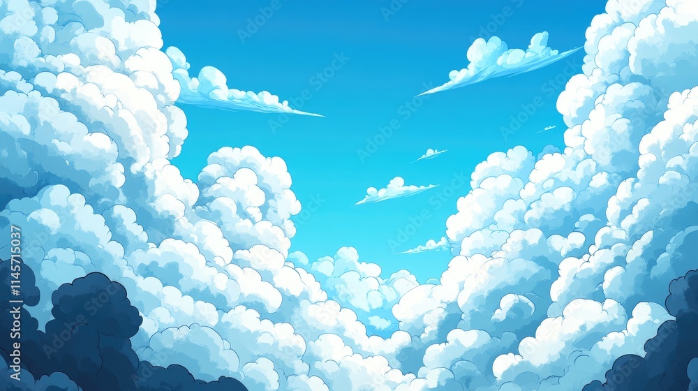 Poster fluffy white clouds against a serene blue sky creating a calming and vibrant atmospheric background 