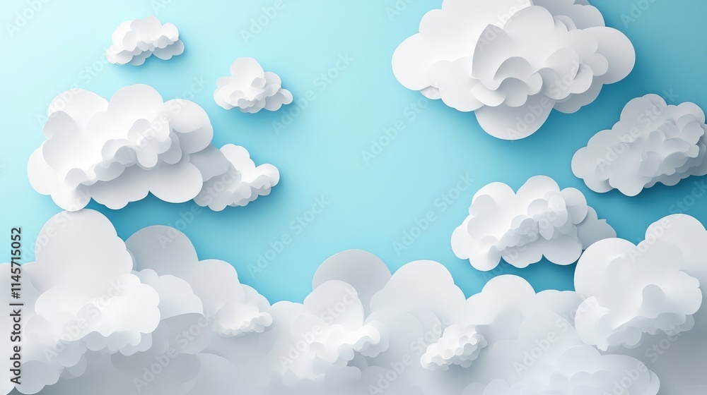 Poster paper clouds floating in a blue sky background with soft shades creating a serene and dreamy atmosph