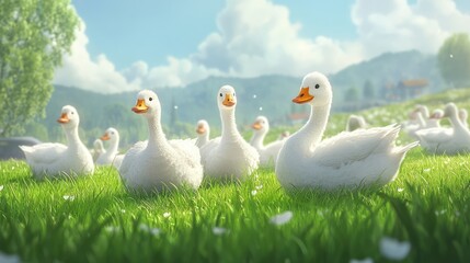 Obraz premium A small flock of white geese foraging in a lush green meadow under a bright sky showcasing natural beauty and wildlife scenery