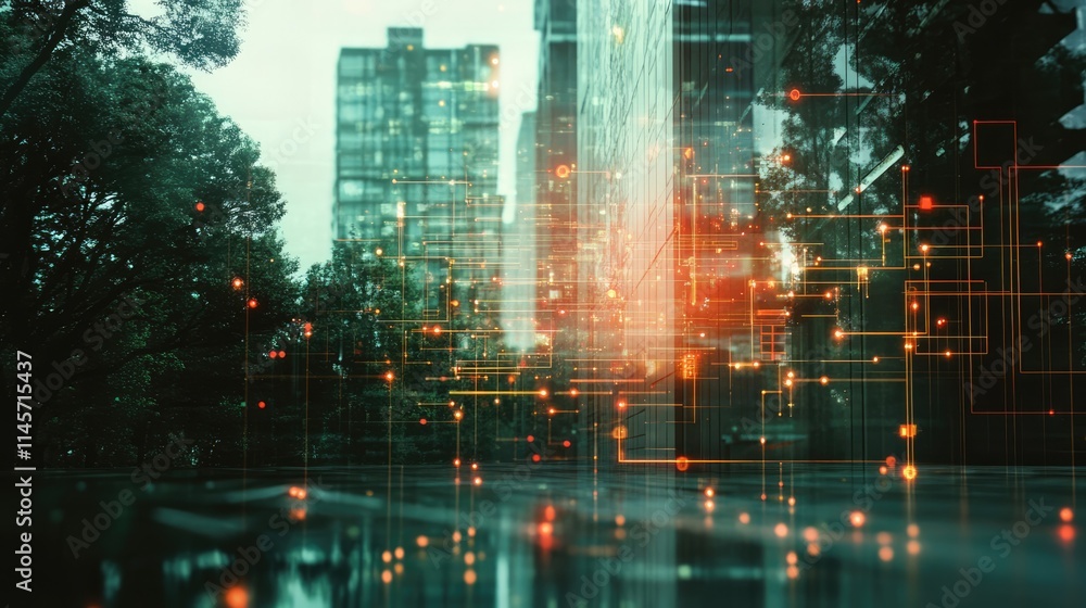 Poster abstract digital circuit overlay on modern cityscape representing technological advancement and rese