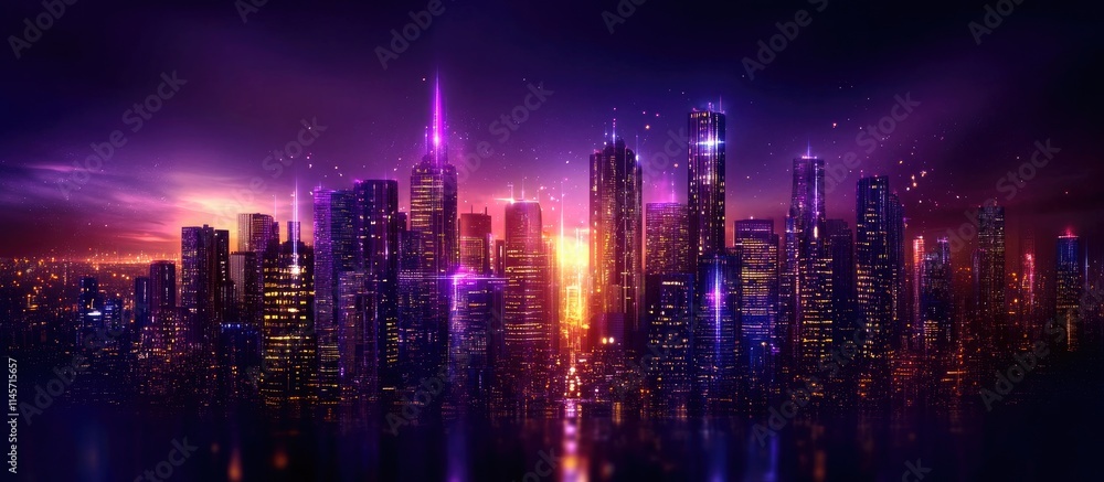 Poster futuristic urban skyline representing smart city development with advanced communication networks an