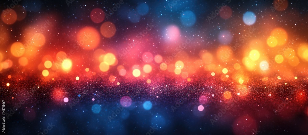 Poster vibrant multicolored bokeh lights creating a dreamy blurred background for festive or creative desig