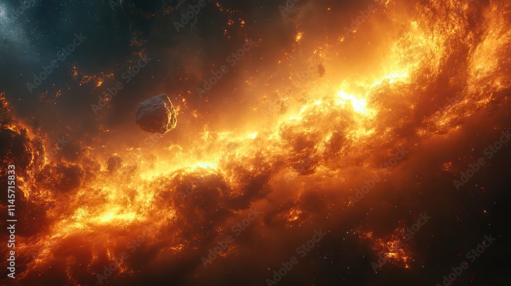 Canvas Prints an abstract universe with a fiery asteroid traveling through space, depicting a potential threat to 