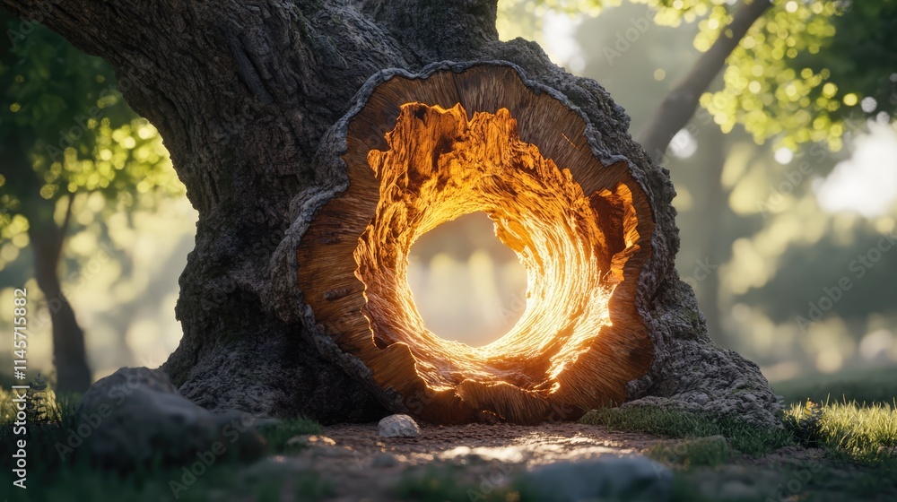 Poster cross section of a tree trunk illuminated by sunlight showcasing natural textures and warm glow in a