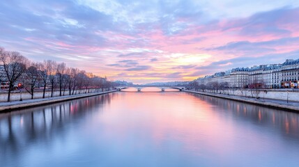 Fototapeta premium Serene sunrise over Parisian river, bridge, and cityscape.