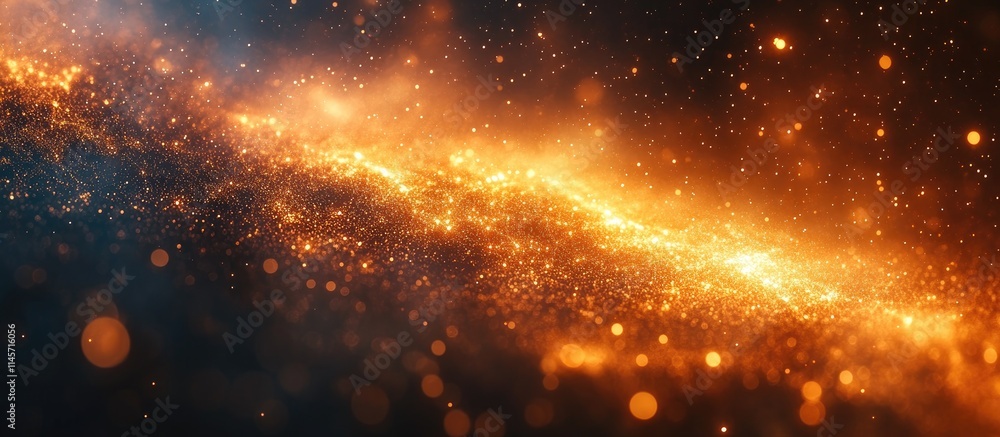 Poster abstract cosmic background with shimmering golden particles and bokeh effects creating a modern and 