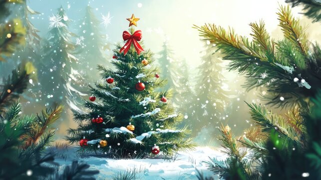 Festive Christmas Tree Adorned with Decorations in Snowy Forest Serenity Inducing Winter Wonderland Scene with Fir Branches and Snowflakes