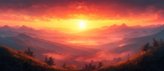 Obraz premium Serene sunset over rolling hills creating a breathtaking landscape bathed in warm golden hues and dramatic clouds.