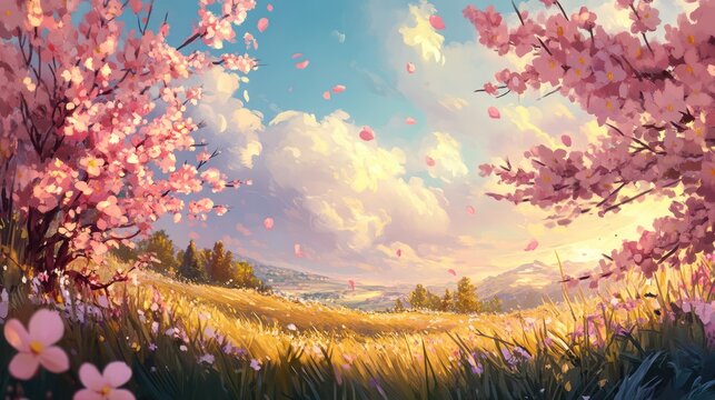 Vibrant pink apple blossoms in a serene meadow landscape under a colorful sky with gentle clouds and a picturesque view