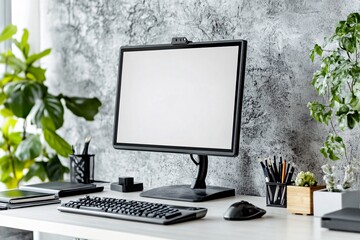 Modern Workspace with Computer and Plants