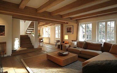 Sunlit living room with wooden beams, hardwood floors, beige sofa, and wooden coffee table.