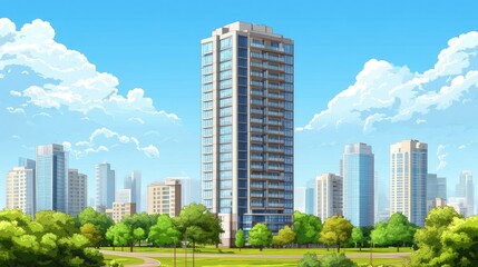 Modern residential skyscraper standing tall against a vibrant blue sky in an urban cityscape with lush greenery in the foreground.