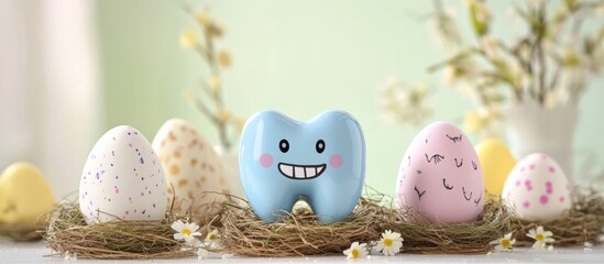 Easter themed dental care with smiling tooth and pastel decorated eggs in nests against soft green background for seasonal promotions