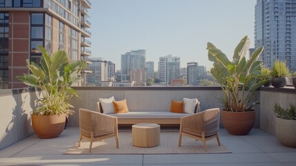 Fototapeta premium Modern rooftop patio with city view, comfortable seating, and potted plants.