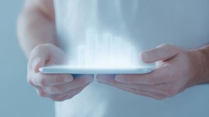 Digital Growth: A businessman's hands holding a tablet with a glowing graph projected above, symbolizing the potential for digital expansion and innovation.  