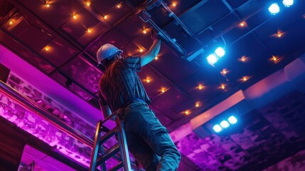 Electrician on a Ladder Fixing Lighting in a Nightclub