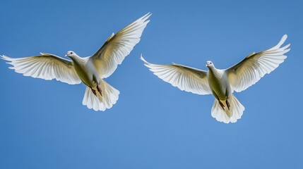 Fototapeta premium Two Elegant Birds in Flight Against a Clear Blue Sky