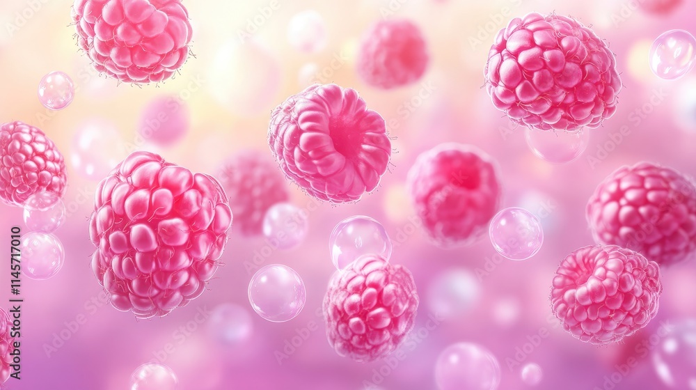Poster vibrant background featuring sweet ripe raspberries floating in a dreamy atmosphere with soft bokeh 