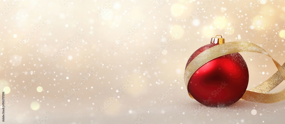 Poster christmas red ornament with golden ribbon on snowy background featuring soft bokeh lights and ample 
