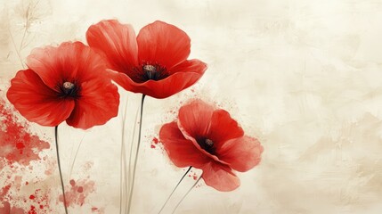 Vibrant red poppy flowers with soft watercolor texture on a light background for a natural and artistic floral design.