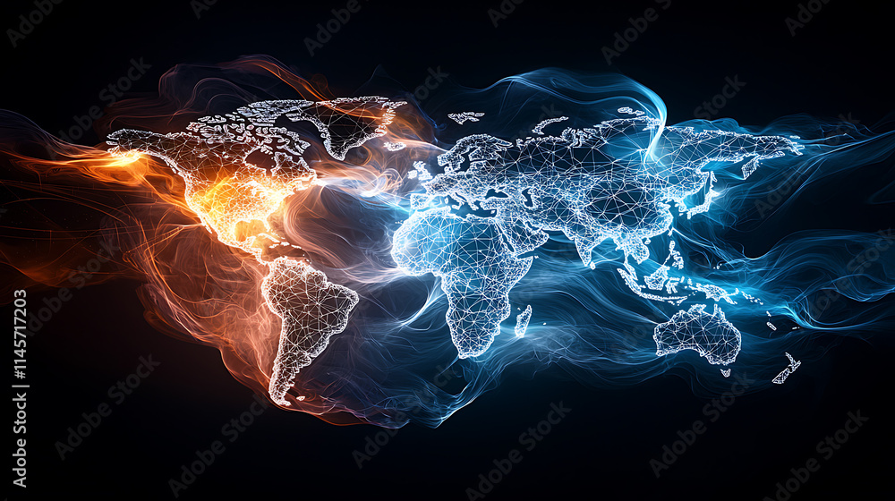 Poster global connectivity visualized world map with dynamic data flow digital environment futuristic conce
