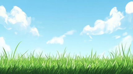 Vibrant green grass field under a clear blue sky with fluffy white clouds creating a serene natural background scene