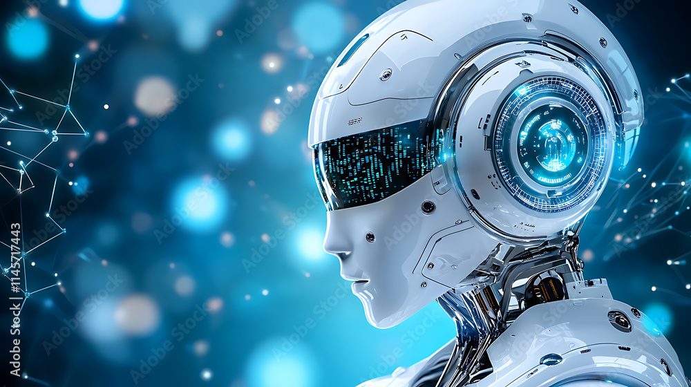 Poster futuristic robot portrait digital art sci-fi theme high-tech environment side view artificial intell