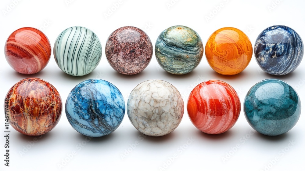 Poster colorful decorative balls arranged in a row on a white background showcasing diverse textures and pa