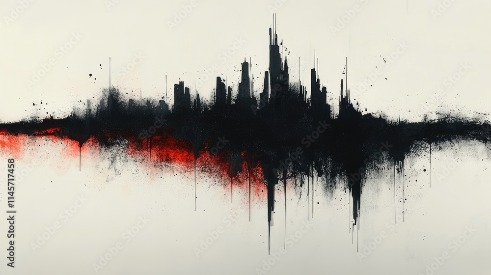 Poster abstract grunge ink splashes creating a dynamic soundwave effect with bold black and red colors on a