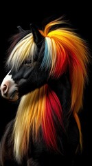 A vibrant horse with a multicolored mane against a dark background.