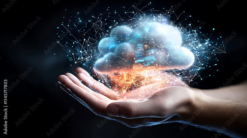 Poster creative cloud technology digital innovation hand displaying cloud data futuristic environment close