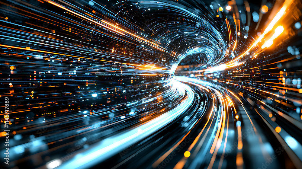 Poster dynamic light trails create a cosmic tunnel effect abstract digital art futuristic environment high-